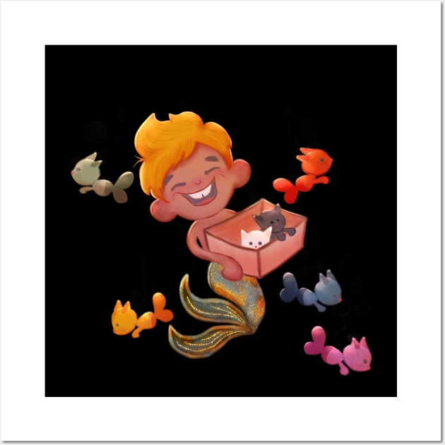 Little mermaid boy with kittens Wall Art by irina_zhelinskaya